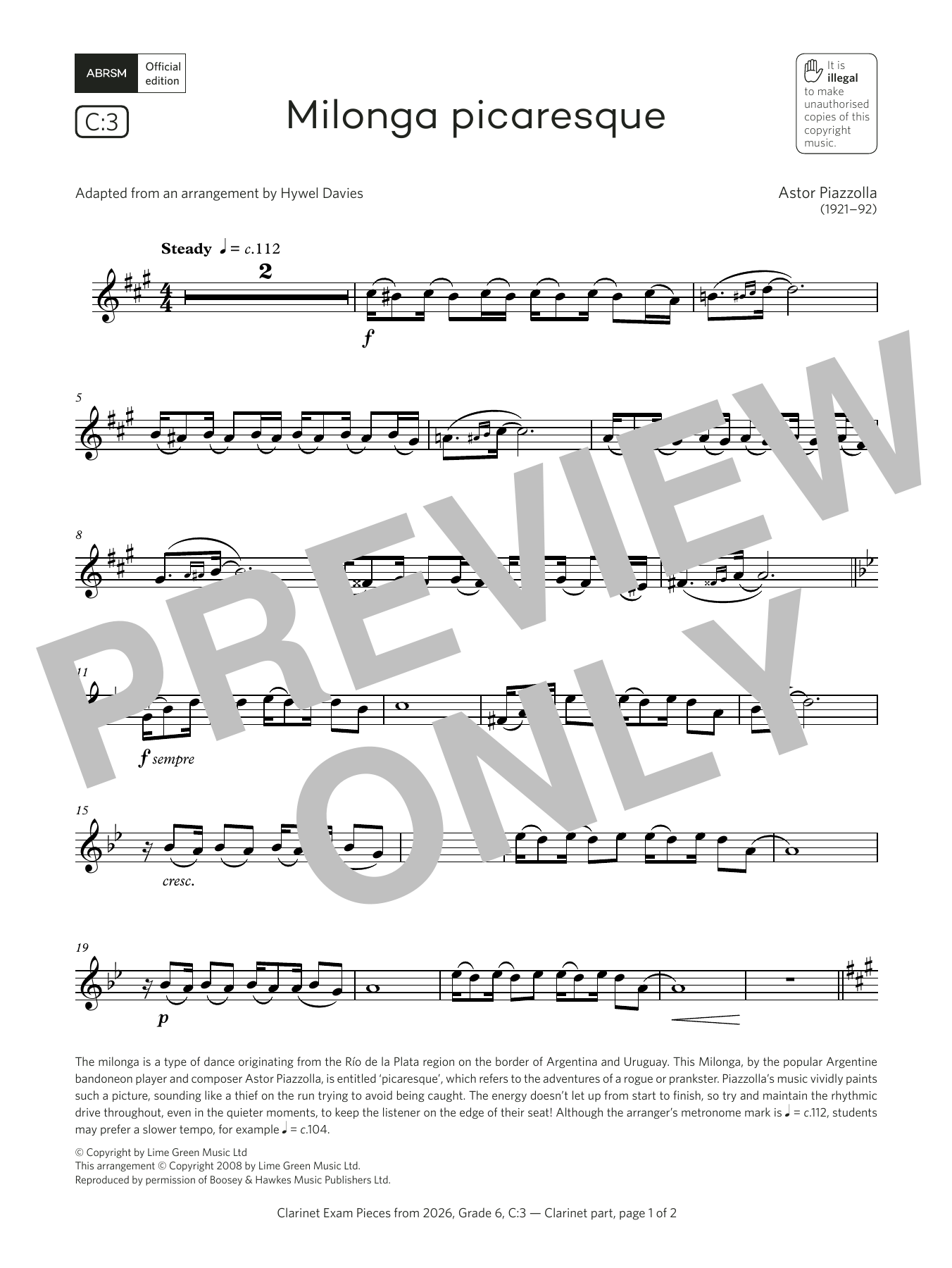 Product gallery: Page 1 of 1 Milonga picaresque (Grade 6, list C3, from the ABRSM Clarinet Syllabus from 2026), Astor Piazzolla