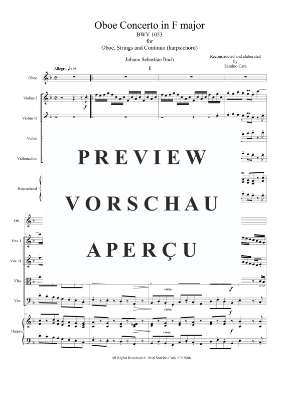 Produktgalerie: Seite 2 von 11 Oboen Konzert in F-DUr BWV 1053, , Gemischtes Ensemble Oboe, Streicher und Cembalo BC