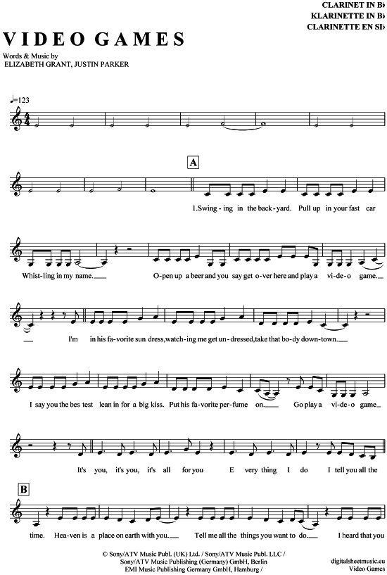 Product gallery: Page 1 of 4 Video Games , Rey, Lana del, Clarinet in B-flat