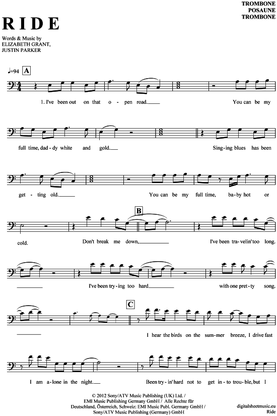 Product gallery: Page 1 of 4 Ride , Rey, Lana del, (Posaune / Bariton)