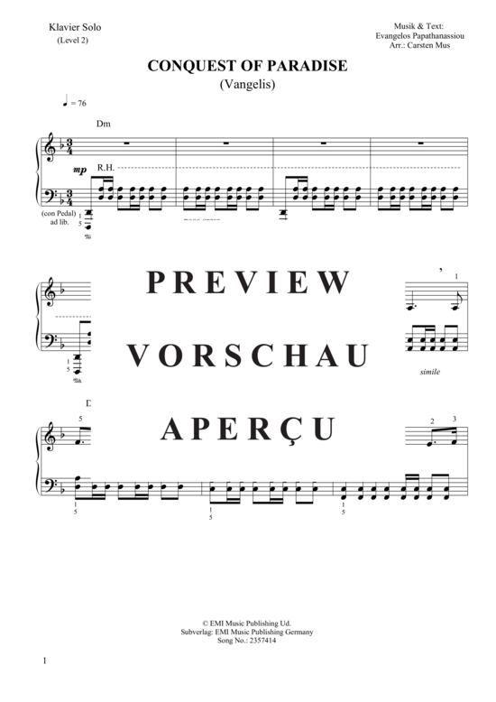 Product gallery: Page 2 of 6 Conquest Of Paradise (Level - 2) , Vangelis, Piano Solo