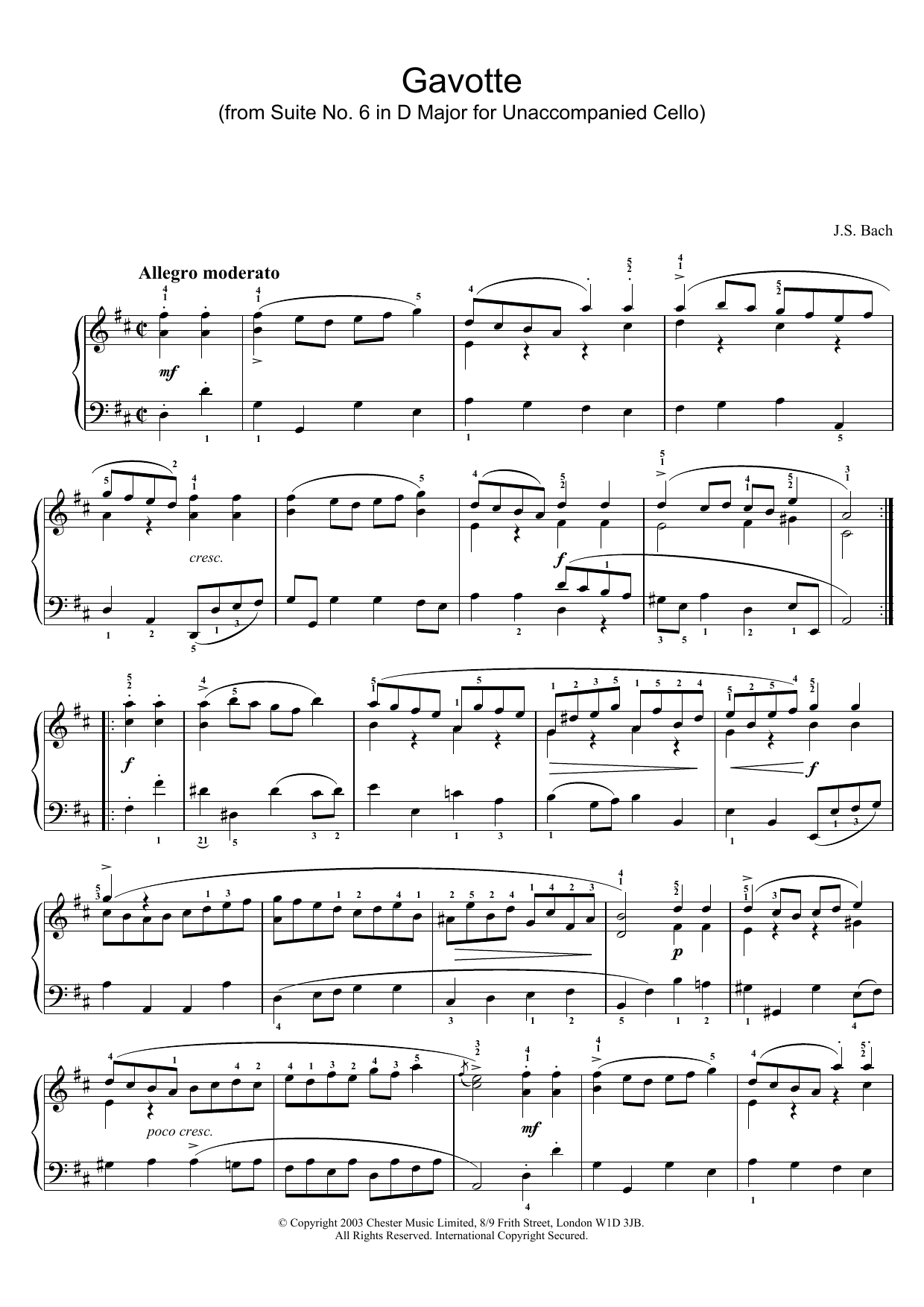 Produktgalerie: Seite 1 von 1 Gavotte (from Suite No. 6 in D Major for Unaccompanied Cello), Johann Sebastian Bach, Klavier