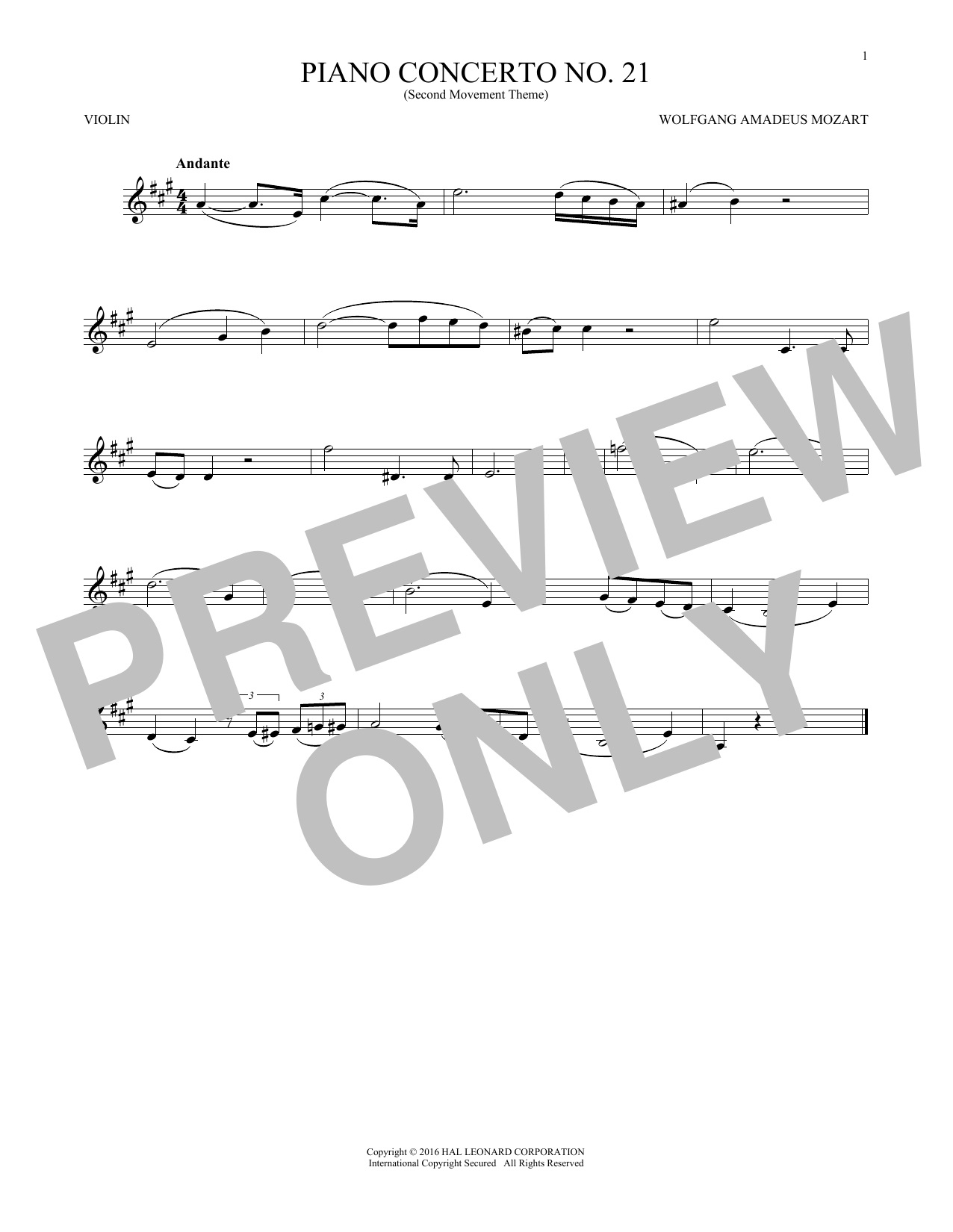 Product gallery: Page 1 of 1 Piano Concerto No. 21 In C Major ("Elvira Madigan"), Second Movement Excerpt, Wolfgang Amadeus Mozart