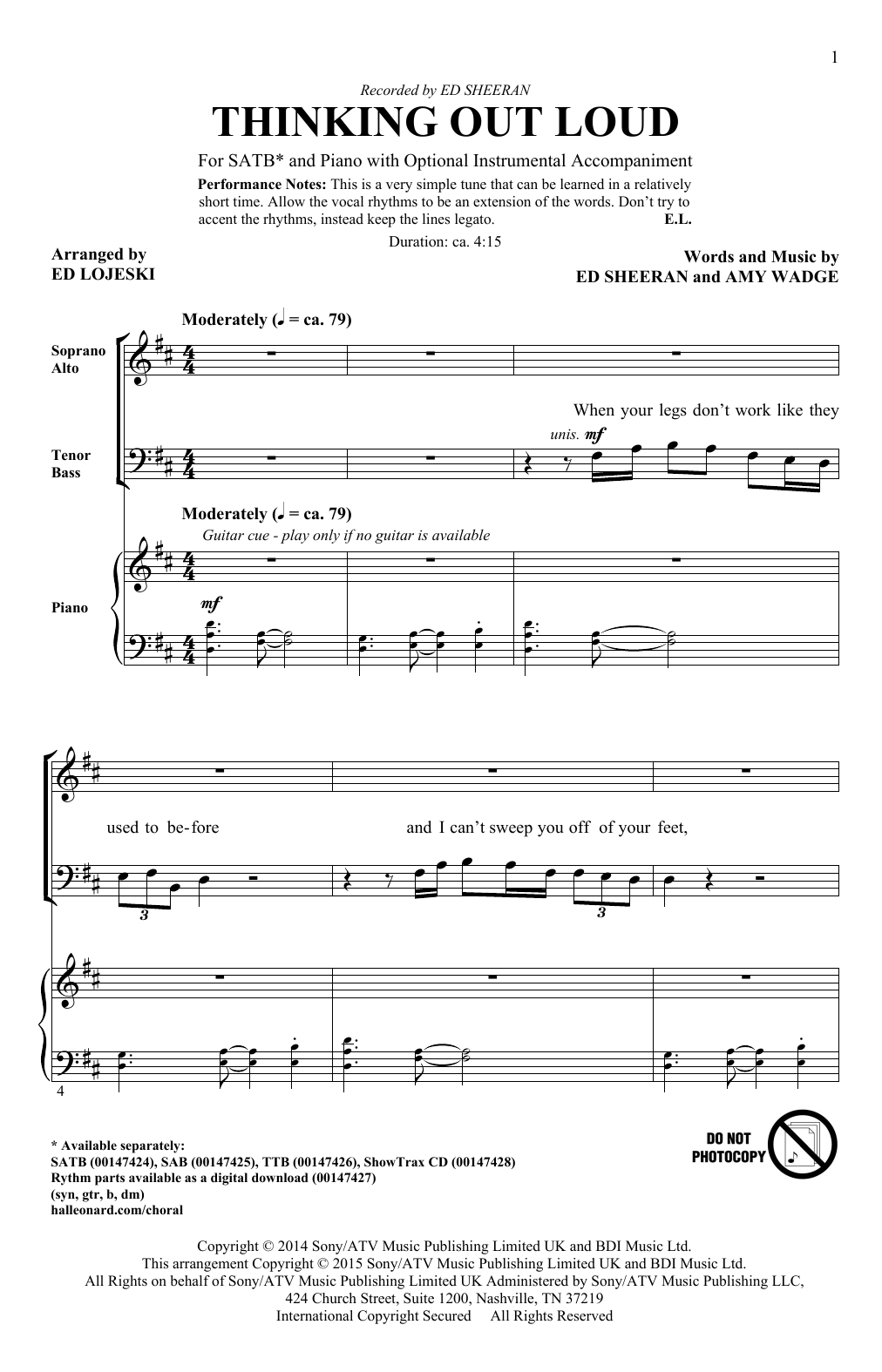 Produktbild zu: Thinking Out Loud (arr. Ed Lojeski)