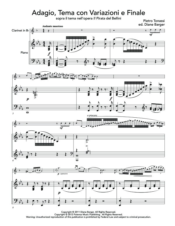 Product gallery: Page 1 of 11 Adagio, Tema con Variazioni e Finale sopra il tema nell´opera Il Pirata del Bellini, , (clarinet in Bb and piano)