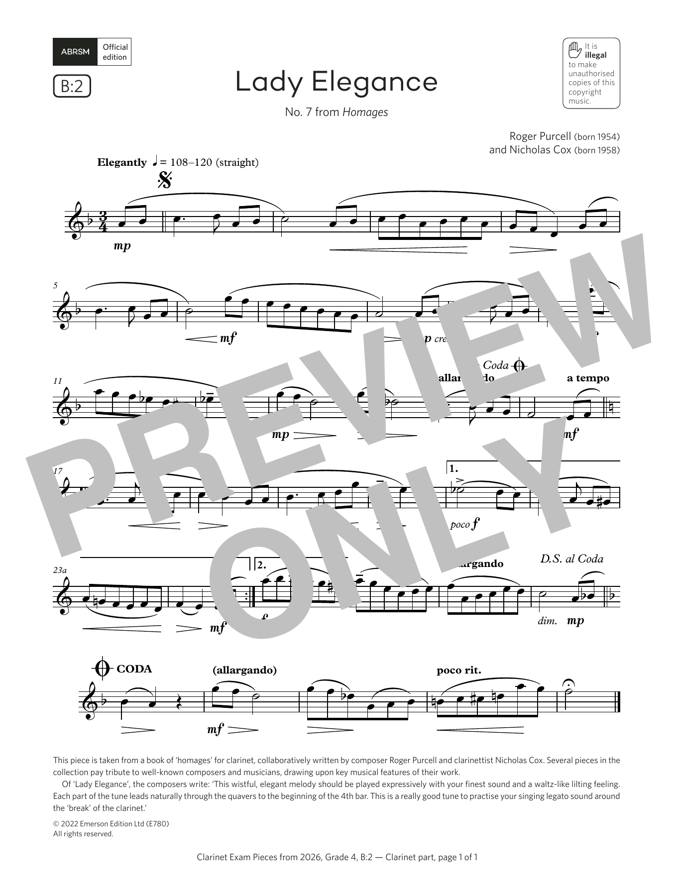 Product gallery: Page 1 of 1 Lady Elegance (Grade 4, list B2, from the ABRSM Clarinet Syllabus from 2026), Nicholas Cox