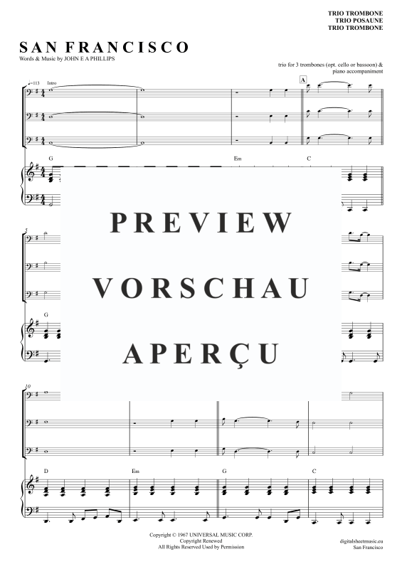Produktgalerie: Seite 2 von 11 San Francisco, McKenzie, Scott, (Posaunen Trio + Klavier)
