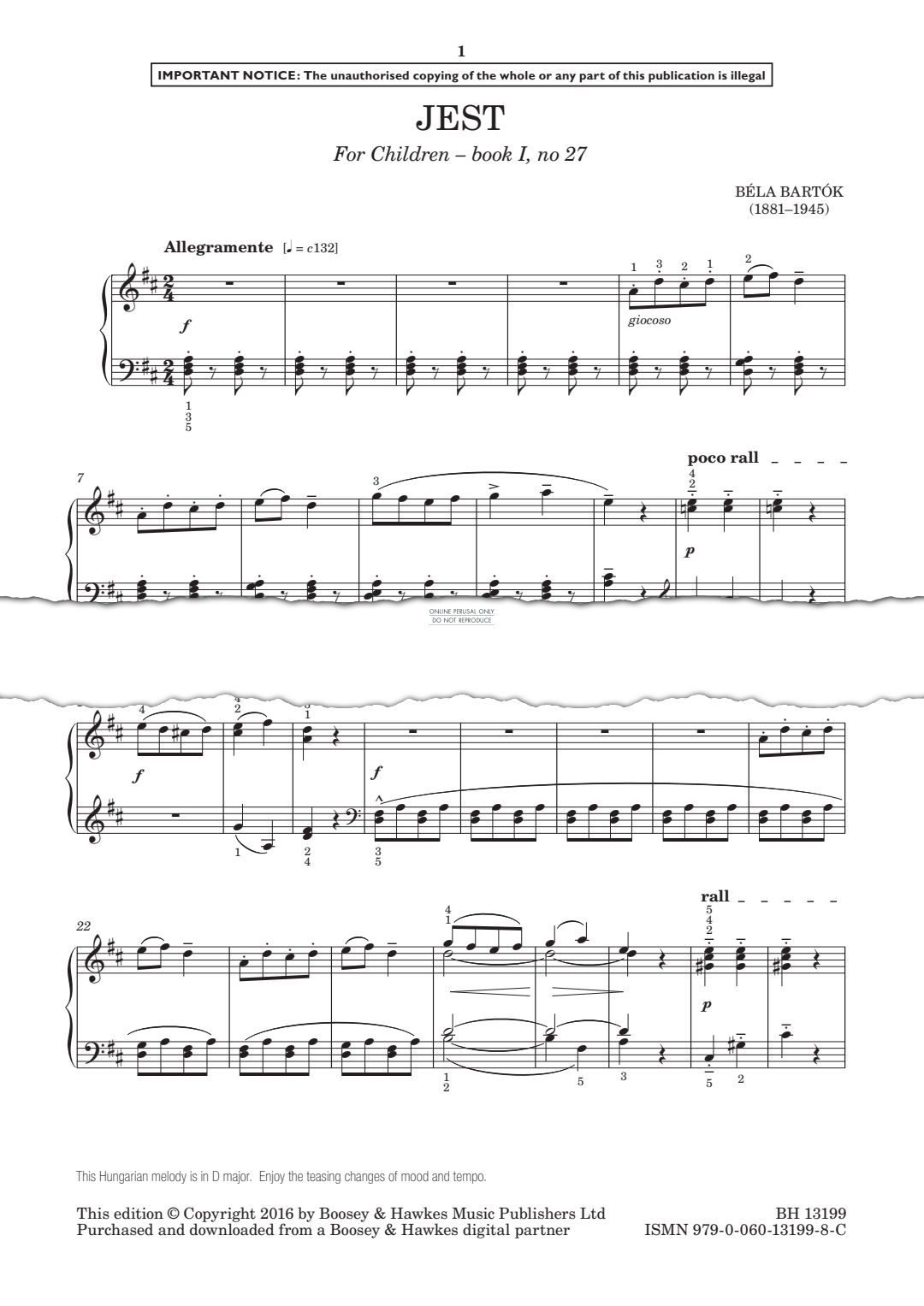 Produktgalerie: Seite 1 von 1 Jest (from For Children - Book I, No. 27), Bela Bartok, Klavier