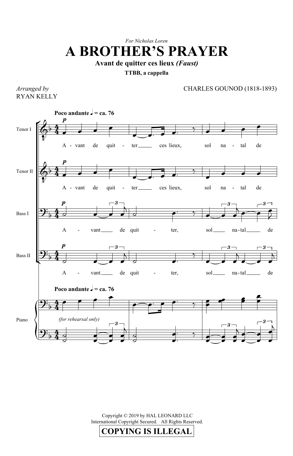 Product picture to: A Brother's Prayer (Avant de quitter ces lieux) (arr. Ryan Kelly)