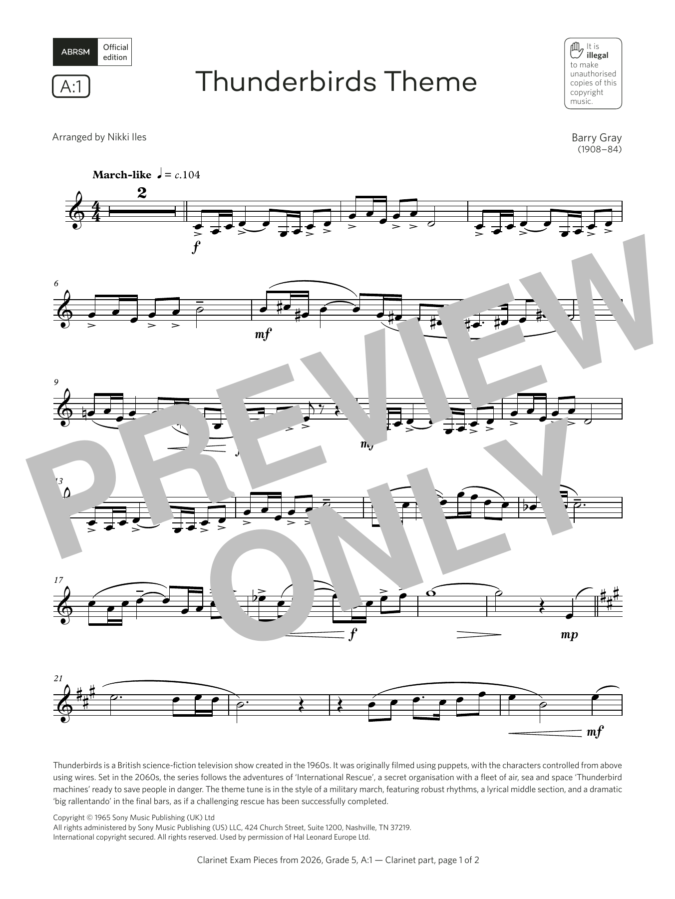 Product gallery: Page 1 of 1 Thunderbirds Theme (Grade 5, list A1, from the ABRSM Clarinet Syllabus from 2026), Barry Gray