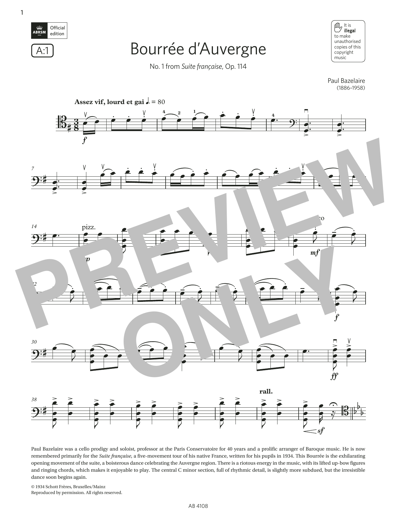 Produktgalerie: Seite 1 von 1 Bourée d'Auvergne (Grade 5, A1, from the ABRSM Cello Syllabus from 2024), Paul Bazelaire, Violoncello
