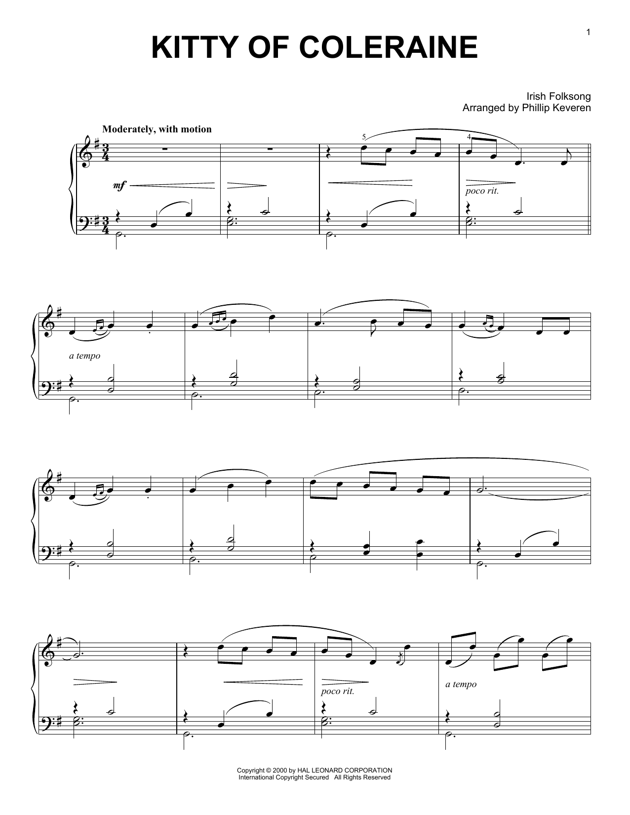 Produktgalerie: Seite 1 von 1 Kitty Of Coleraine (arr. Phillip Keveren), Irish Folksong, Klavier