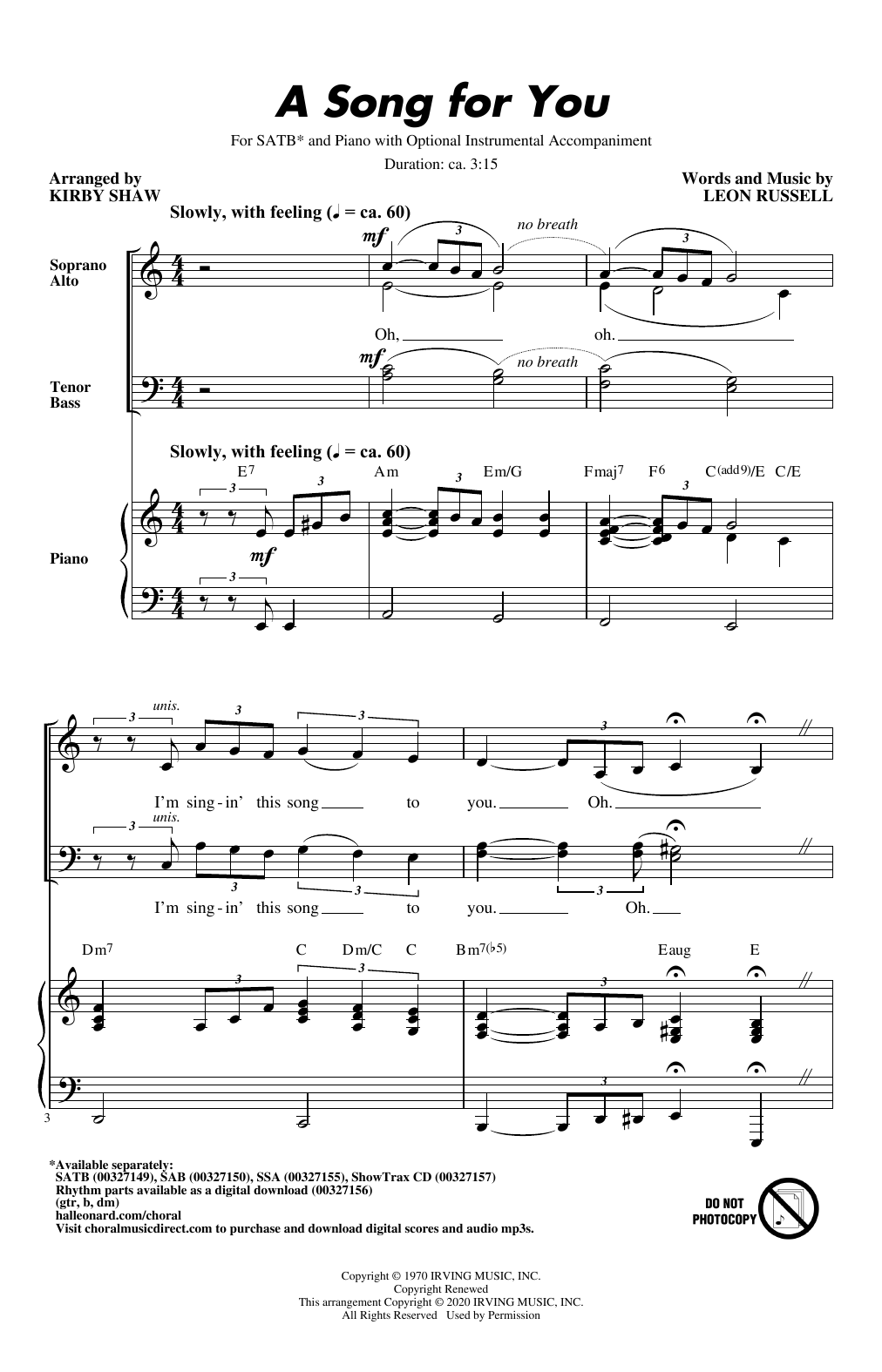 Product picture to: A Song For You (arr. Kirby Shaw)