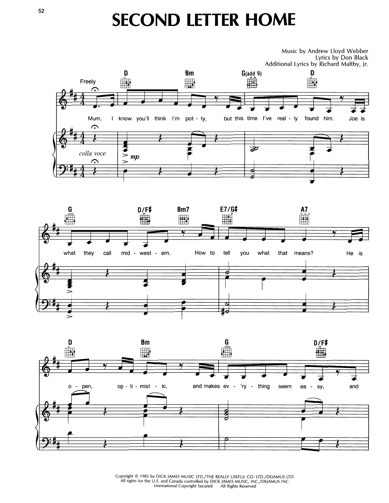 Produktgalerie: Seite 1 von 1 Second Letter Home (from Song & Dance), Andrew Lloyd Webber, Gesang, Gitarre, Klavier