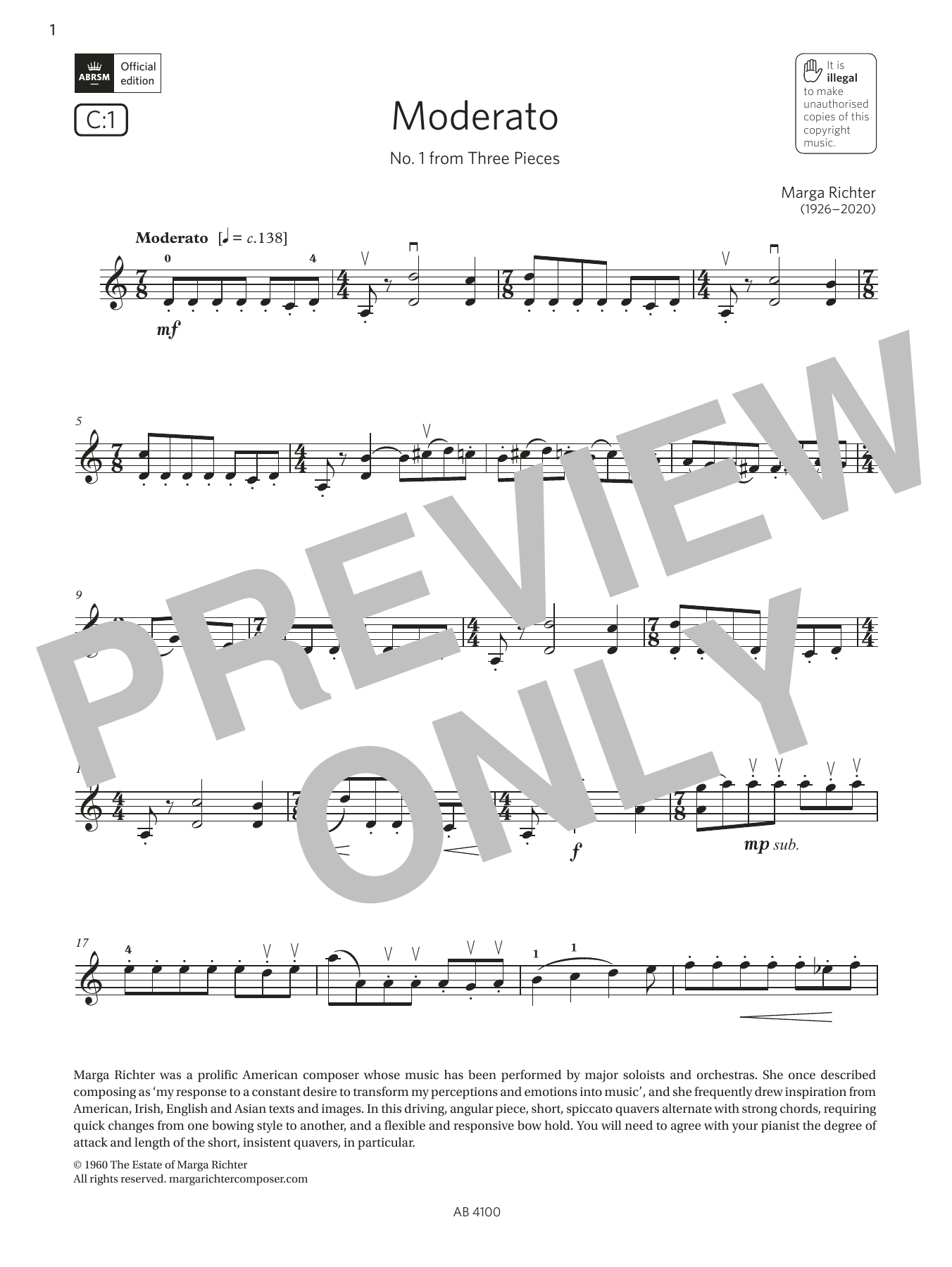 Product gallery: Page 1 of 1 Moderato (Grade 6, C1, from the ABRSM Violin Syllabus from 2024), Marga Richter