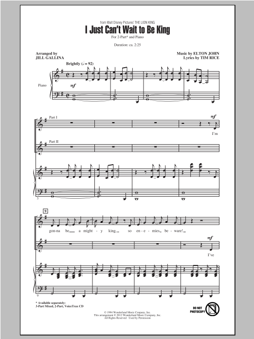 Produktbild zu: I Just Can't Wait To Be King (arr. Jill Galina) (from The Lion King)