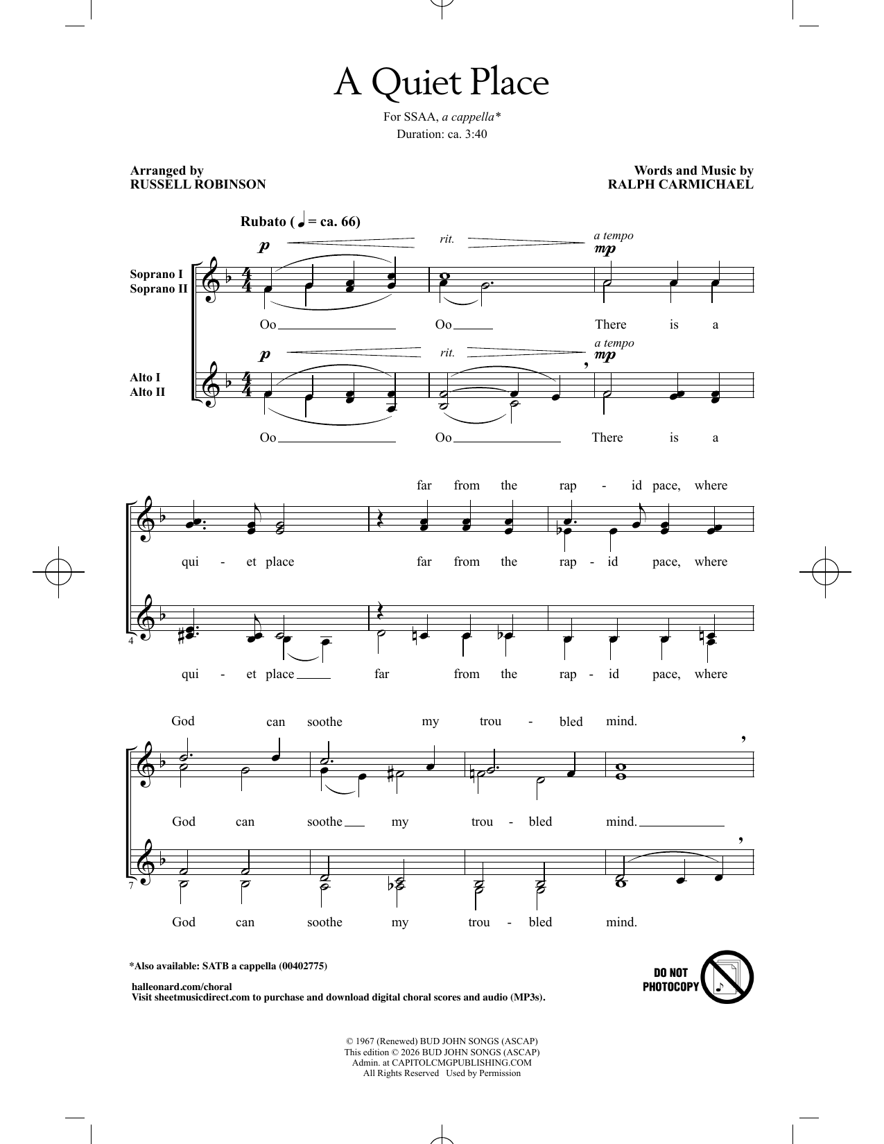 Product picture to: A Quiet Place (arr. Russell Robinson)