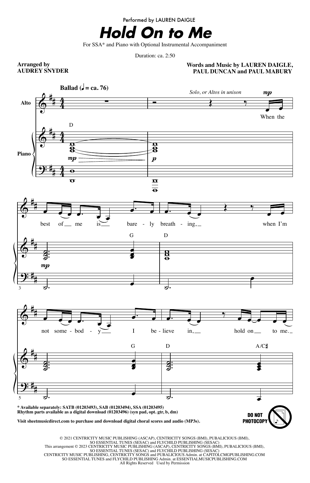 Produktgalerie: Seite 1 von 1 Hold On To Me (arr. Audrey Snyder), Lauren Daigle, Chor