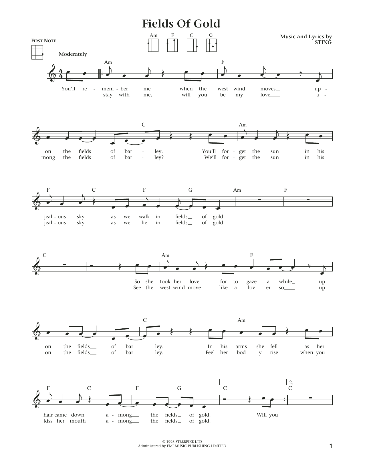 Product gallery: Page 1 of 1 Fields Of Gold (from The Daily Ukulele) (arr. Liz and Jim Beloff), Sting