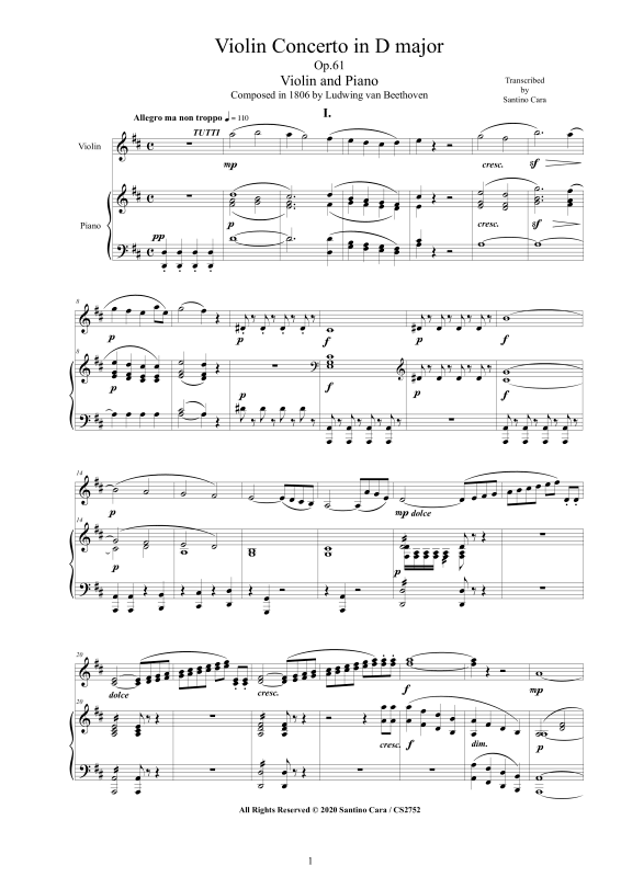 Produktbild zu: Violin Concerto in D major Op.61 for Violin and Piano - Score and PartLudwig van Beethoven