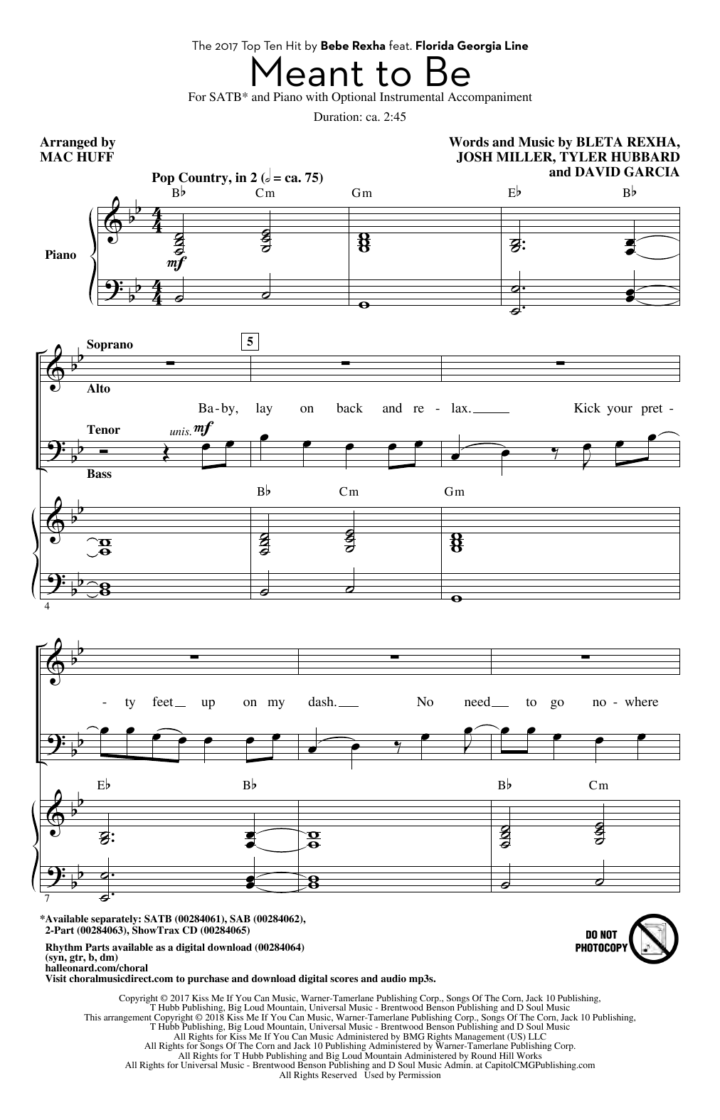 Produktbild zu: Meant To Be (feat. Florida Georgia Line) (arr. Mac Huff)