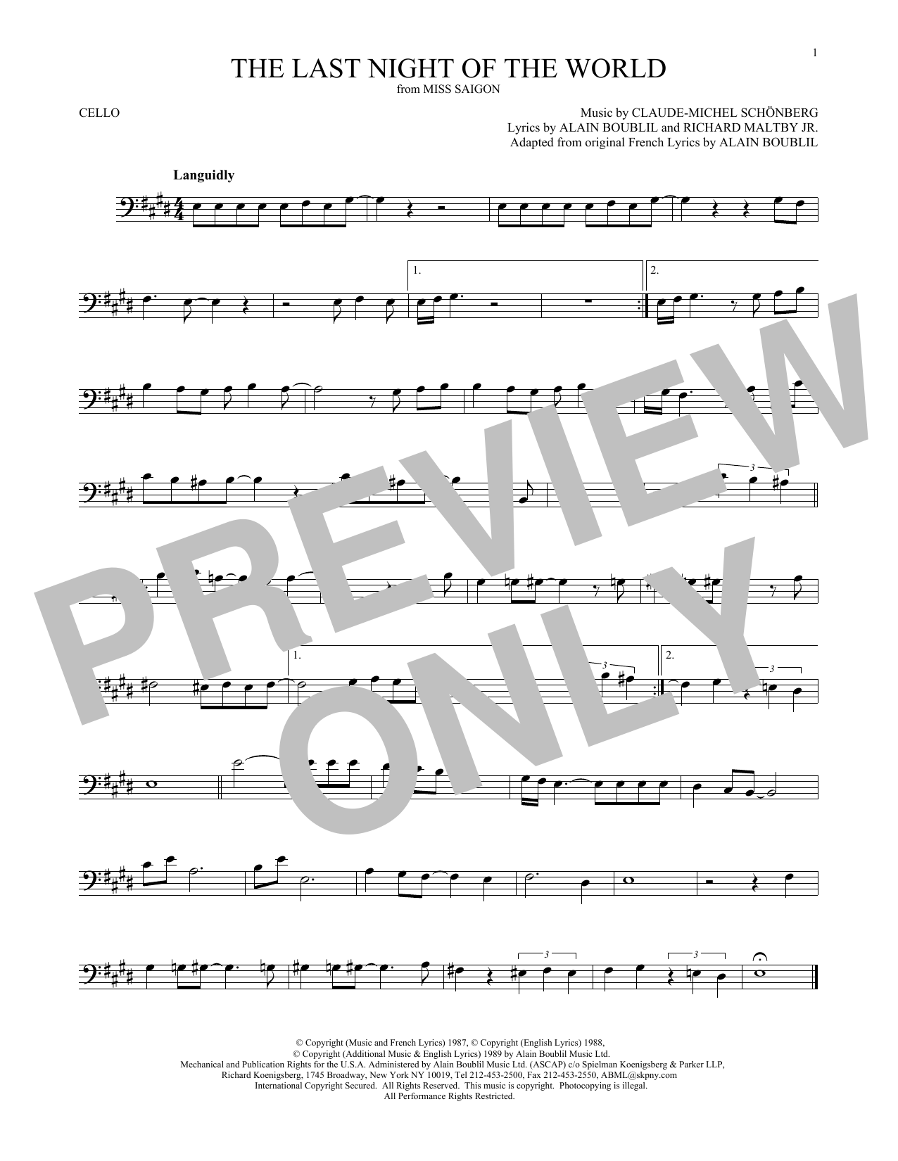 Produktgalerie: Seite 1 von 1 The Last Night Of The World, Claude-Michel Schonberg, Violoncello