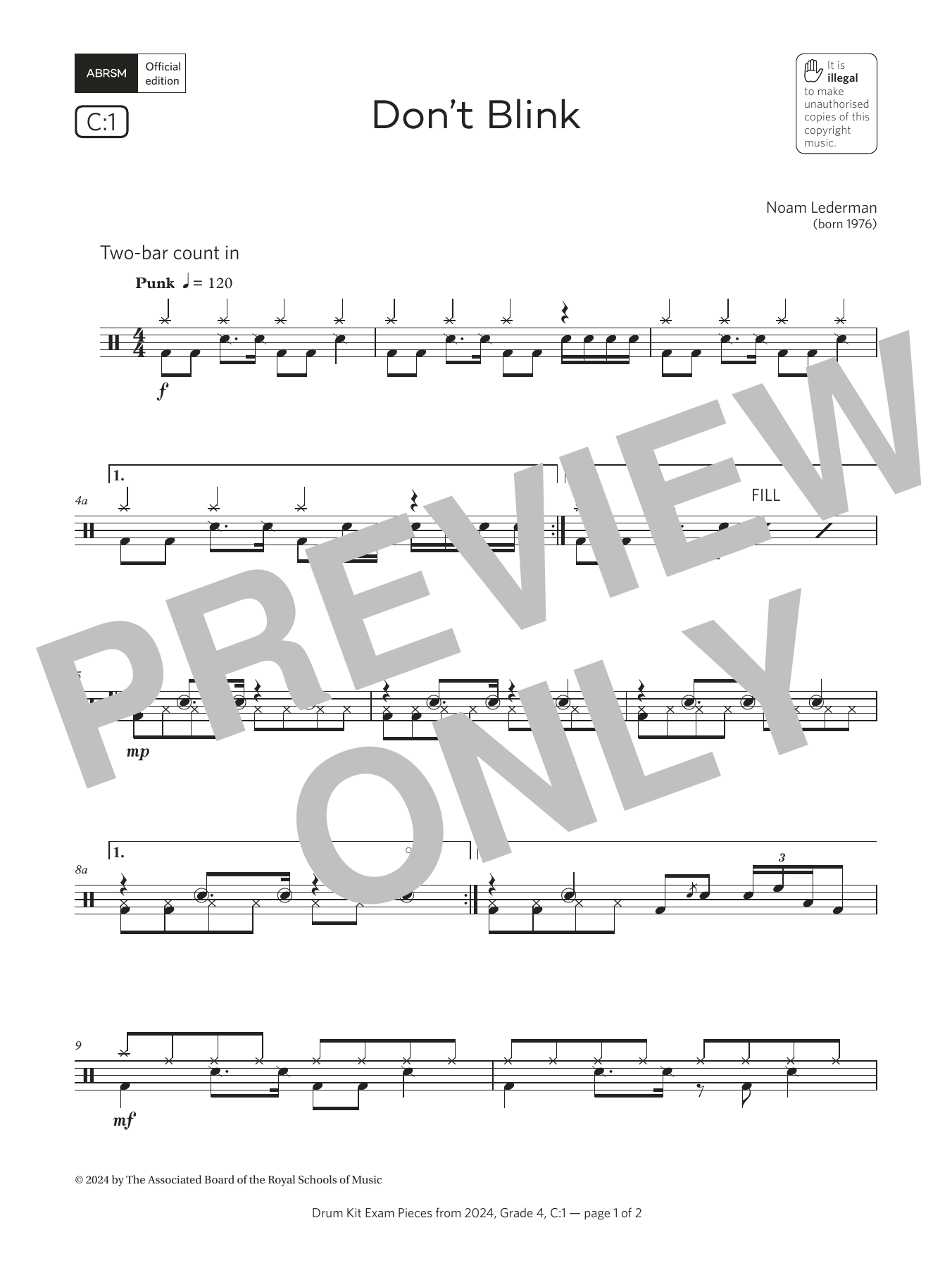 Product gallery: Page 1 of 1 Don't Blink (Grade 4, list C1, from the ABRSM Drum Kit Syllabus 2024), Noam Lederman