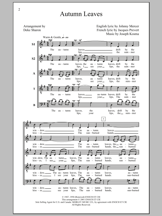 Product gallery: Page 1 of 1 Autumn Leaves (arr. Deke Sharon), Joseph Kosma