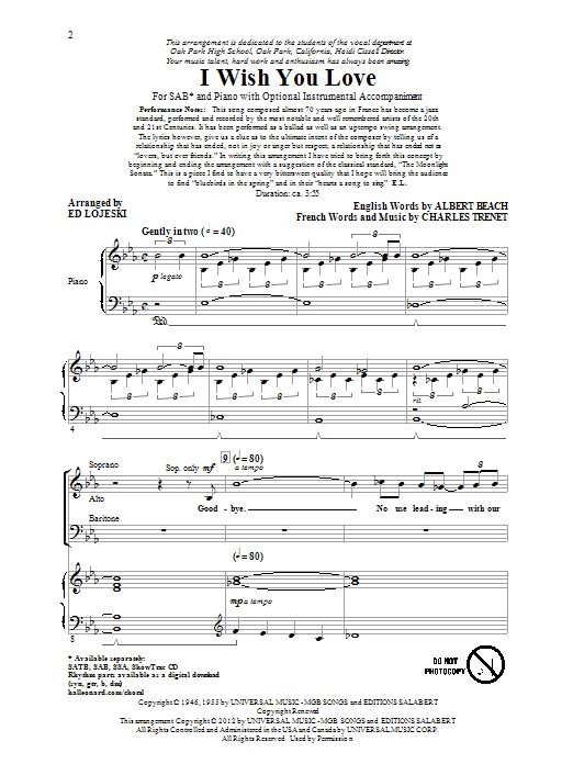 Produktgalerie: Seite 1 von 1 I Wish You Love (arr. Ed Lojeski), Gloria Lynne, Chor