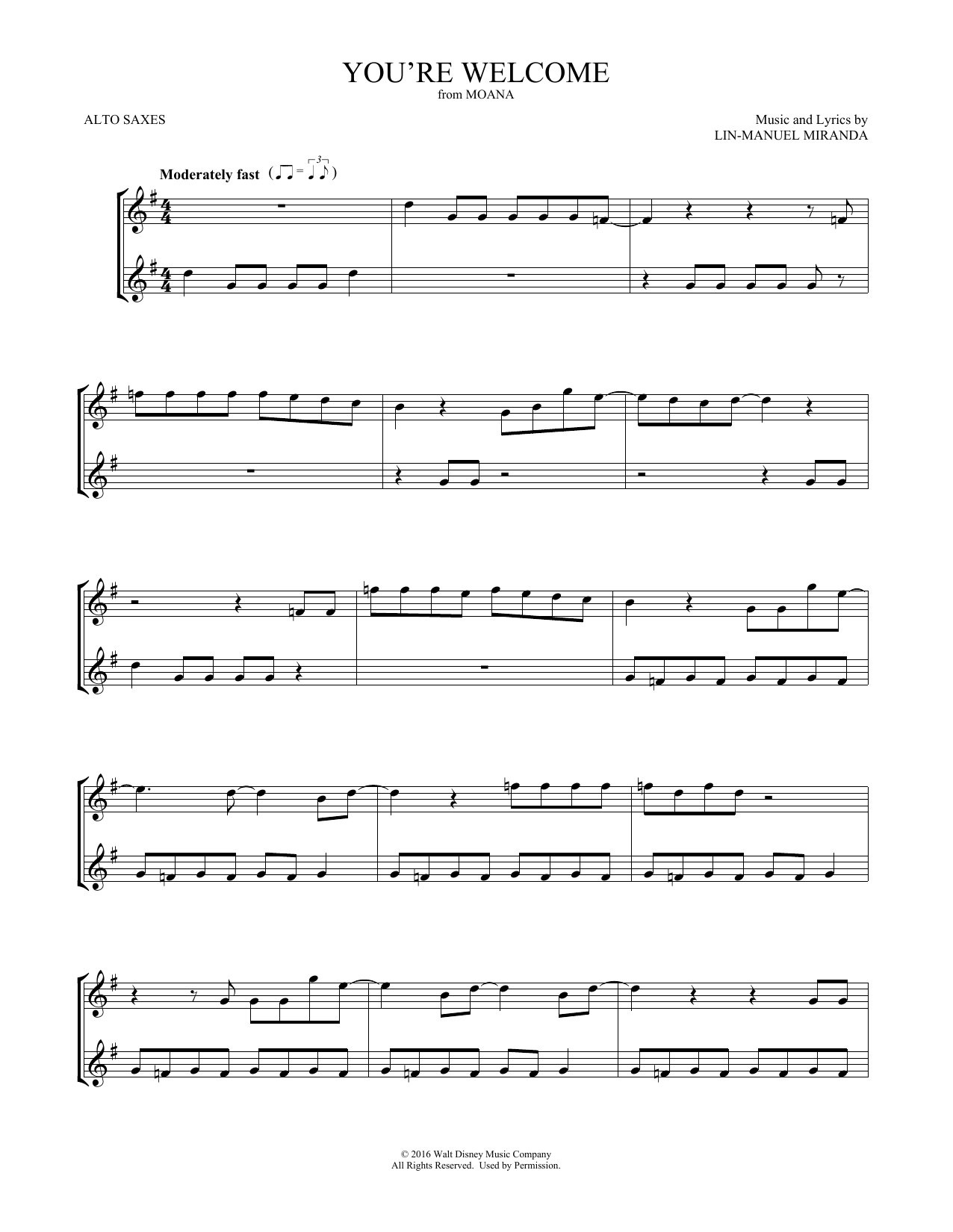 Product gallery: Page 1 of 1 You're Welcome (from Moana) (arr. Mark Phillips), Lin-Manuel Miranda