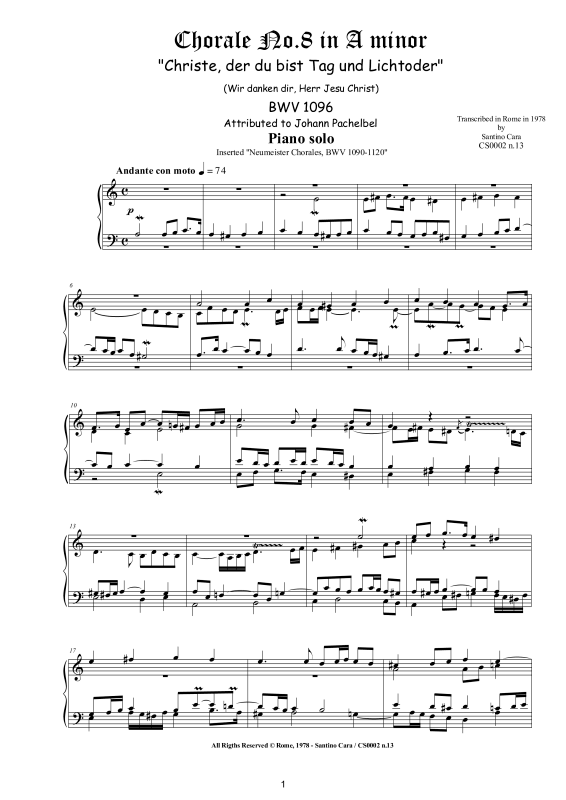 Produktbild zu: Choral No.8 in A-Moll (Christe, der du bist Tag und Licht) BWV 1096Johann Pachelbel