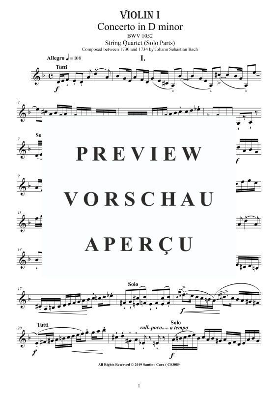 Product gallery: Page 2 of 11 Concerto in D-Moll BWV 1052, , String Quartet - Individual Parts