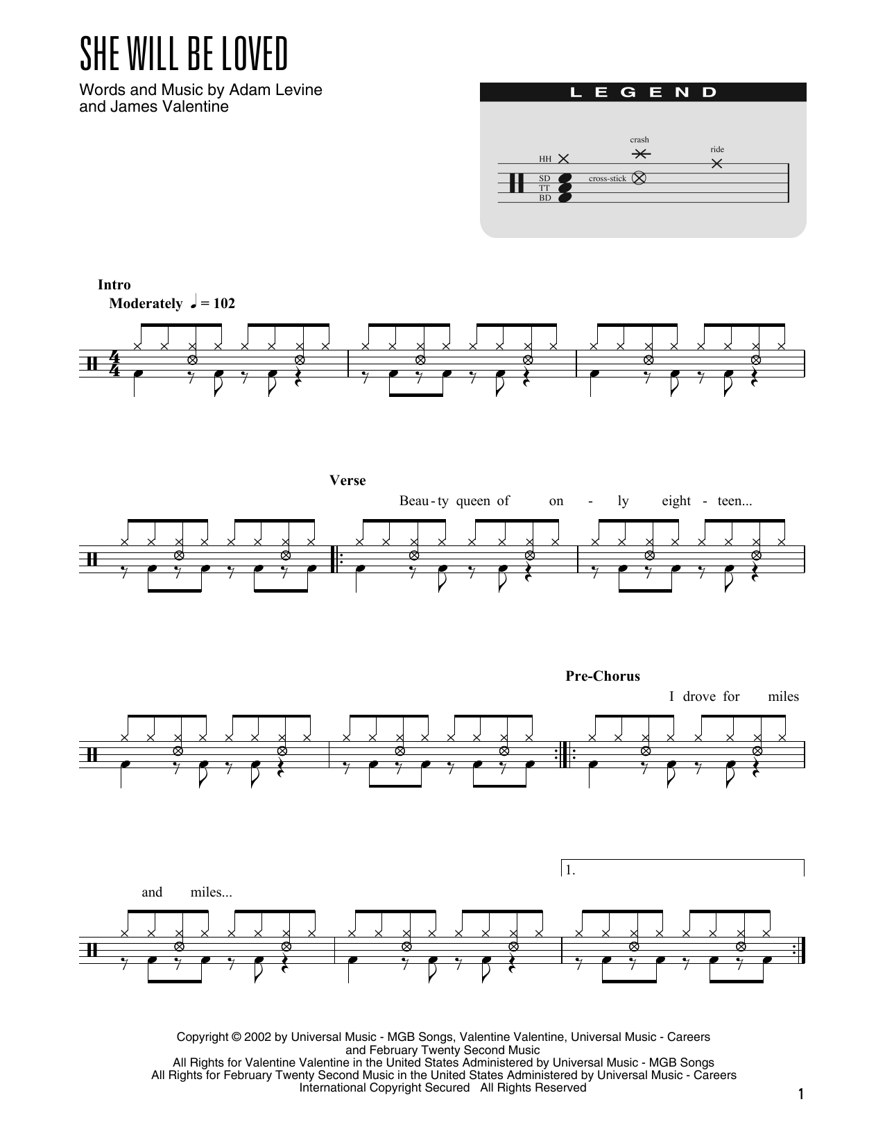 Product gallery: Page 1 of 1 She Will Be Loved (arr. Kennan Wylie), Maroon 5