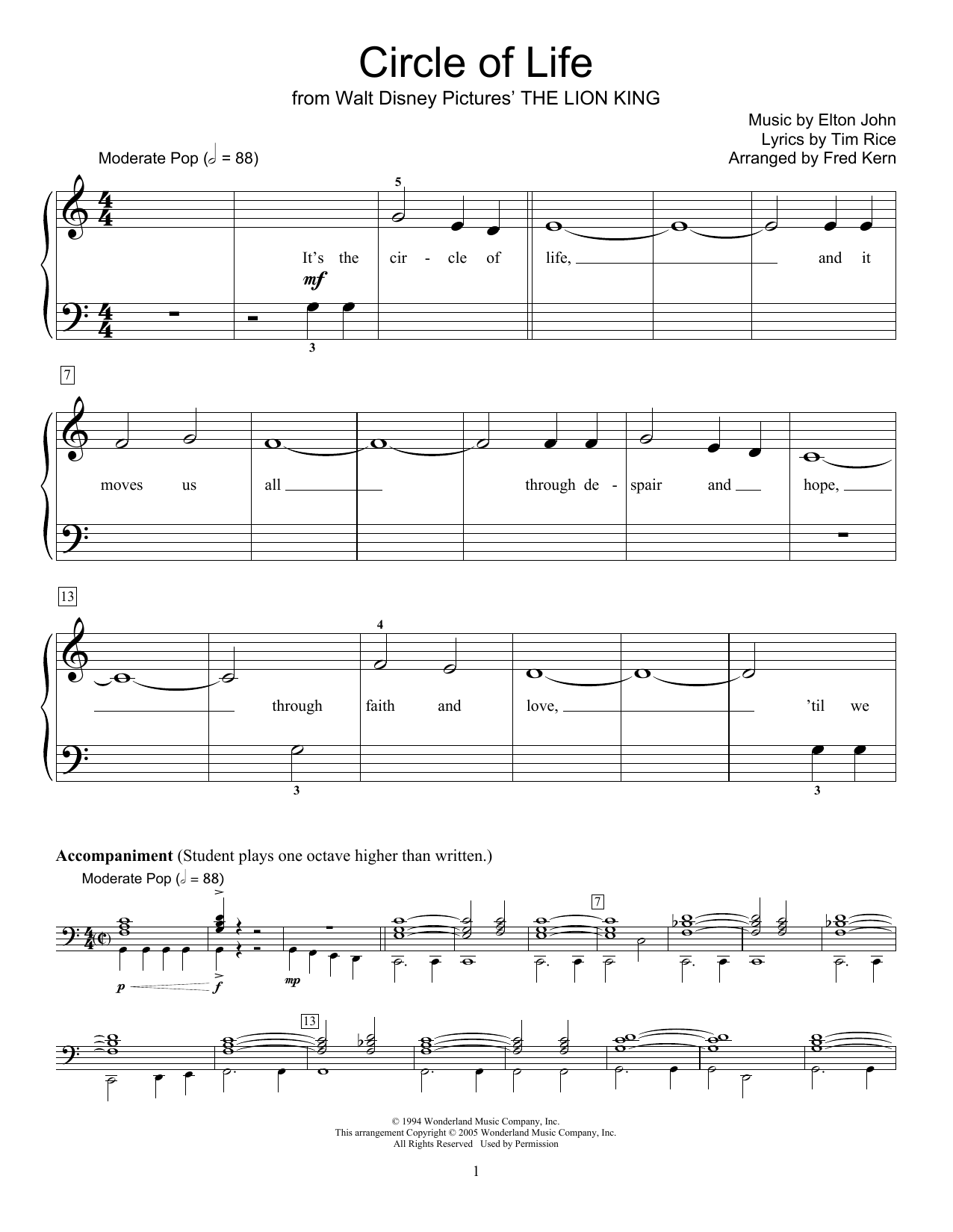 Product picture to: Circle Of Life (from The Lion King) (arr. Fred Kern)