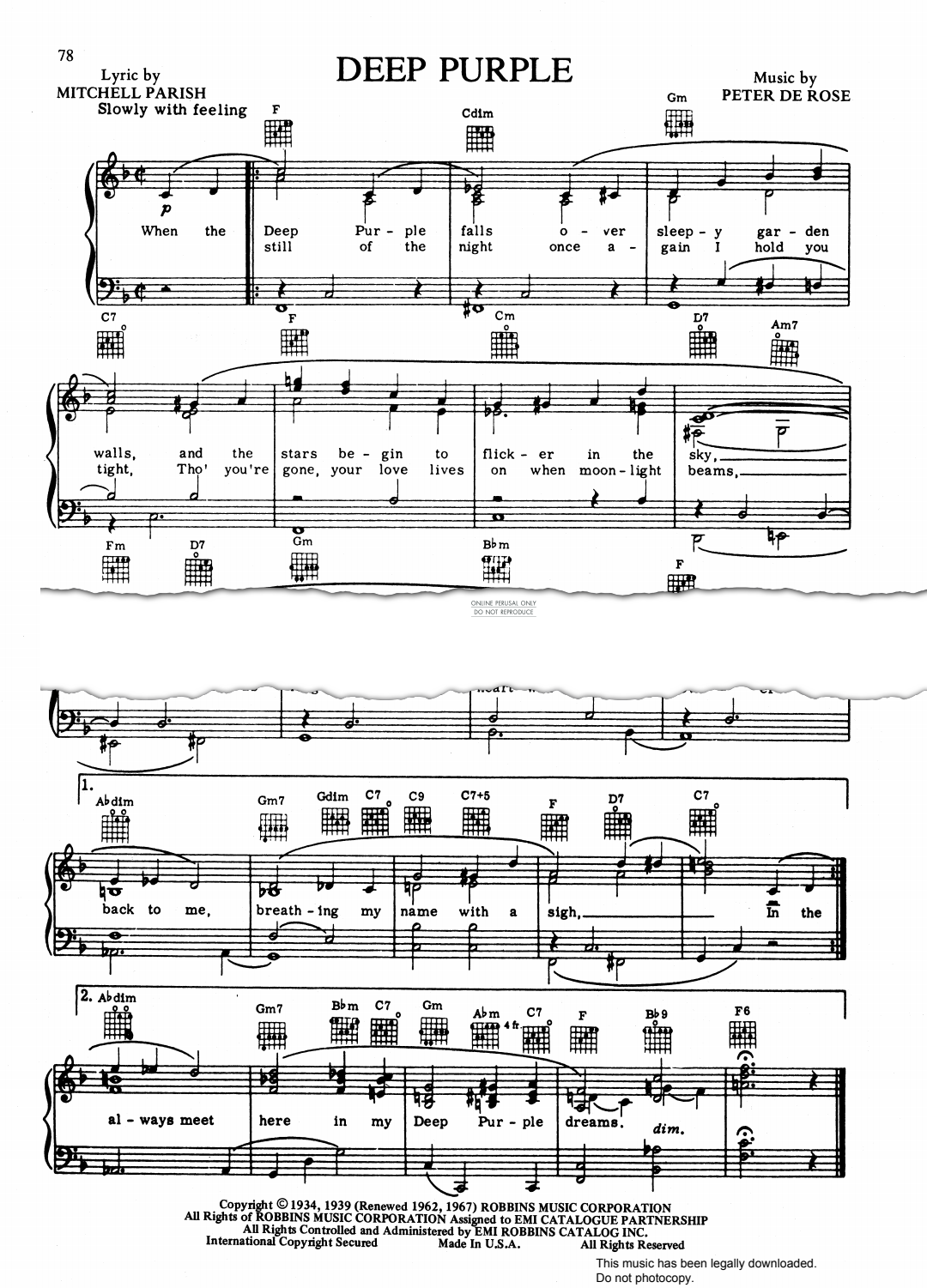 Deep Purple (Peter De Rose) | Sheet Music: Guitar, Piano, Voice