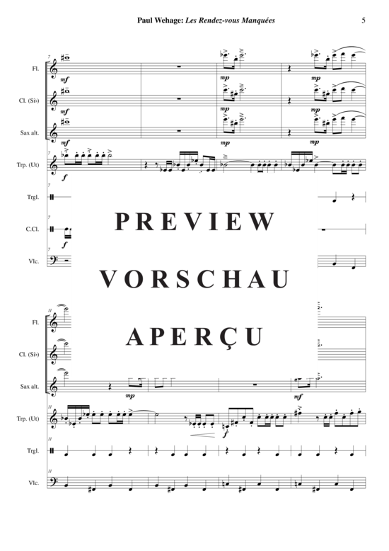 Product gallery: Page 6 of 21 Les Rendez-vous Manqués , , (flute, clarinet in Bb, alto saxophone, trumpet in C, percussion, violoncello + narrator)