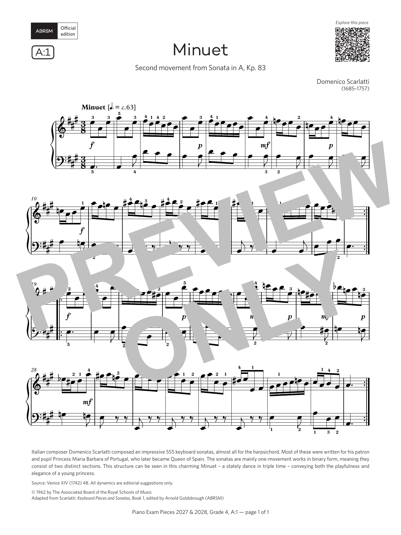 Product gallery: Page 1 of 1 Minuet (Grade 4, list A1, from the ABRSM Piano Syllabus 2027 & 2028), Domenico Scarlatti