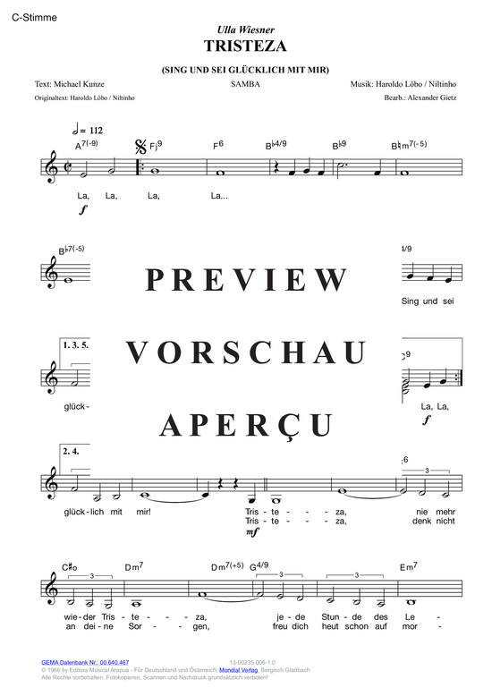 Produktgalerie: Seite 3 von 11 Tristeza (Sing und sei glücklich mit mir) , Wiesner, Ulla,  (Melodie-Stimmen in C/B/Es)
