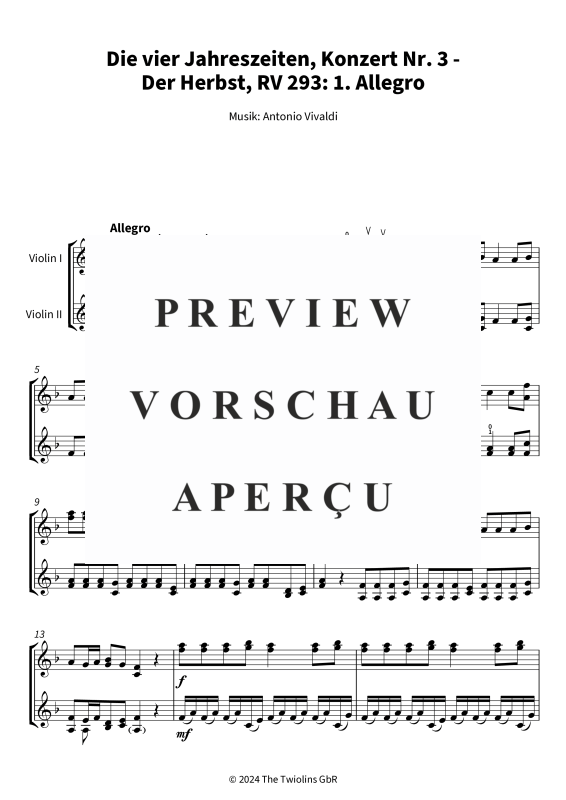 Produktgalerie: Seite 4 von 10 Die vier Jahreszeiten, Konzert Nr. 3 - Der Herbst - 1. Allegro, The Twiolins, (Duett 2x Vioine)