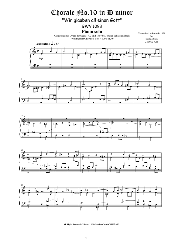 Product picture to: Choral No.10 in D-Moll (Wir glauben all einen Gott) BWV 1098Johann Sebastian Bach
