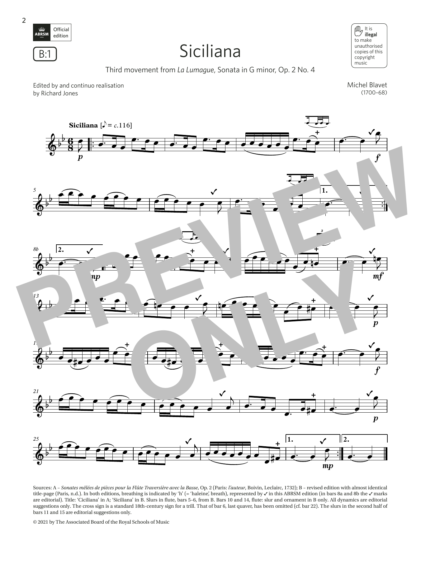 Product gallery: Page 1 of 1 Siciliana (from Sonata in G minor, Op2 No4) (Grade 4 B1 from the ABRSM Flute syllabus from 2022), Michel Blavet
