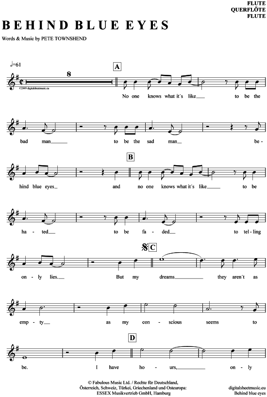 Product gallery: Page 1 of 4 Behind blue eyes , Limp Bizkit / The Who, (transverse flute)