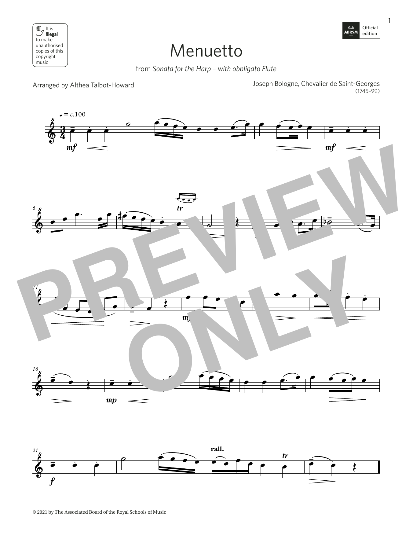 Product gallery: Page 1 of 1 Menuetto from Sonata for the Harp (Grade 2 A6 from the ABRSM Descant Recorder syllabus from 2022), Althea Talbot-Howard