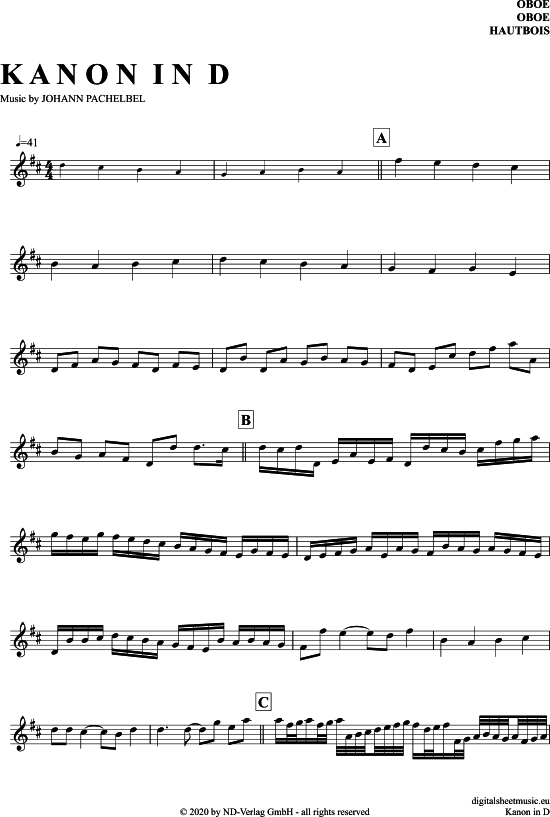 Produktgalerie: Seite 1 von 4 Kanon In D , Pachelbel, Johann, (Oboe)