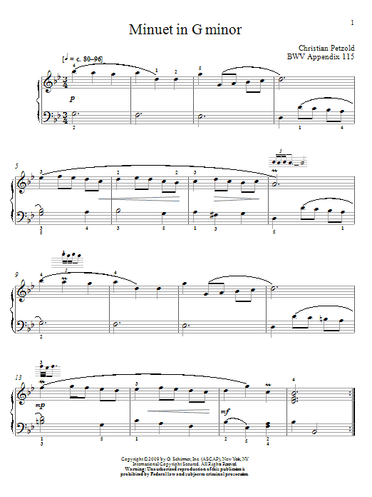 Produktgalerie: Seite 1 von 1 Menuet In G Minor, BWV App. 115, Johann Sebastian Bach, Klavier