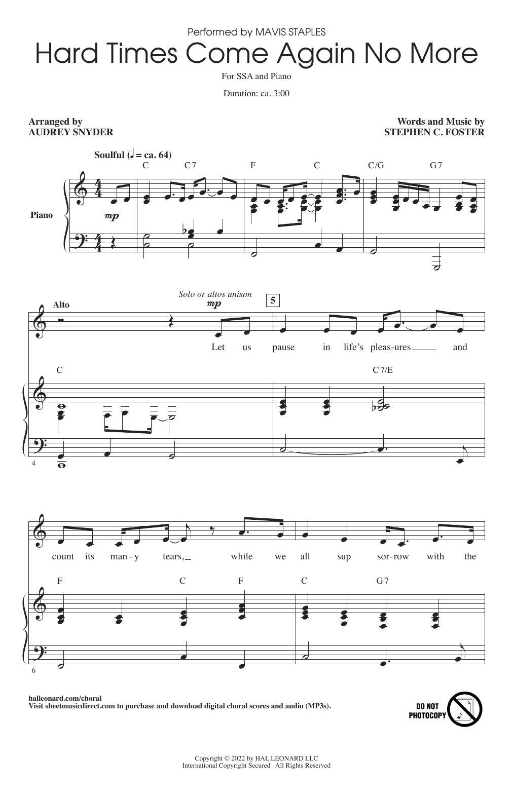 Produktgalerie: Seite 1 von 1 Hard Times Come Again No More (arr. Audrey Snyder), Mavis Staples, Chor