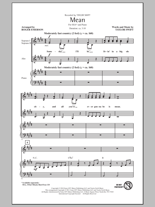 Produktgalerie: Seite 1 von 1 Mean (arr. Roger Emerson), Taylor Swift, Chor