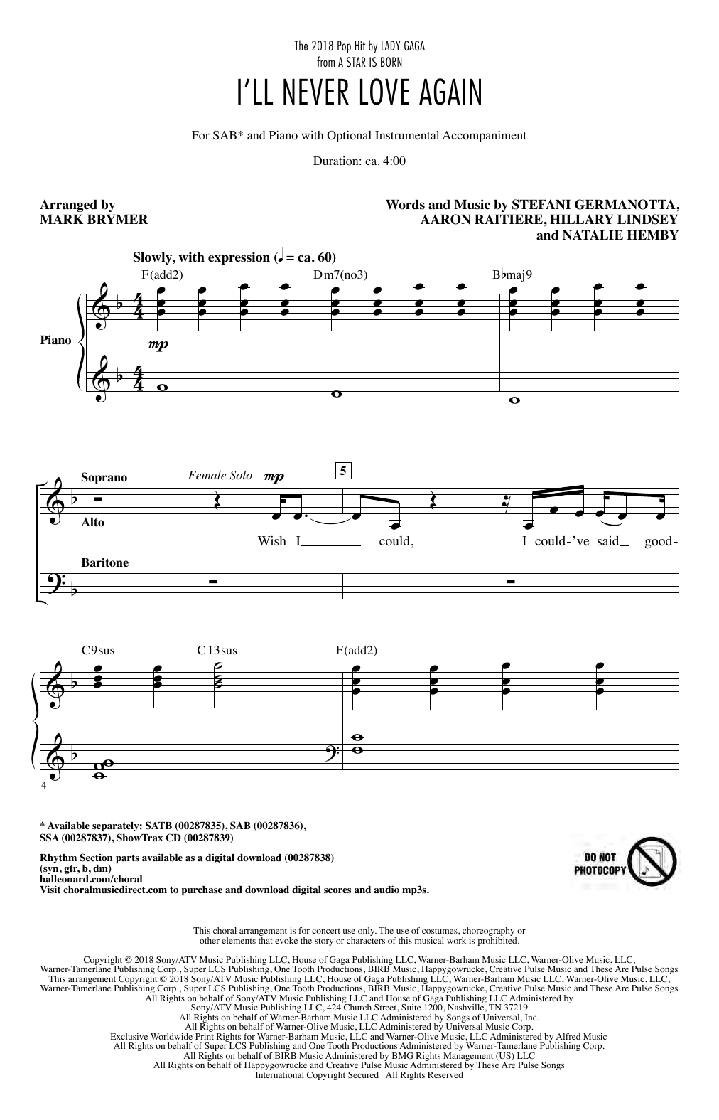 Produktbild zu: I'll Never Love Again (from A Star Is Born) (arr. Mark Brymer)