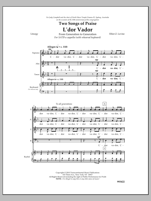 Produktbild zu: Two Songs Of Praise: L'dor Vador And Psalm 146