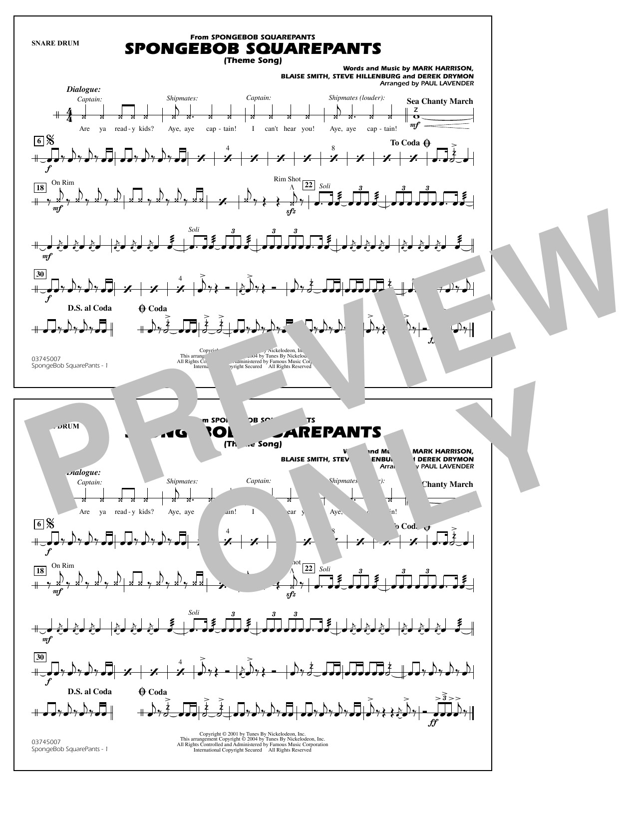 Produktbild zu: Spongebob Squarepants (Theme Song) (arr. Paul Lavender) - Snare Drum